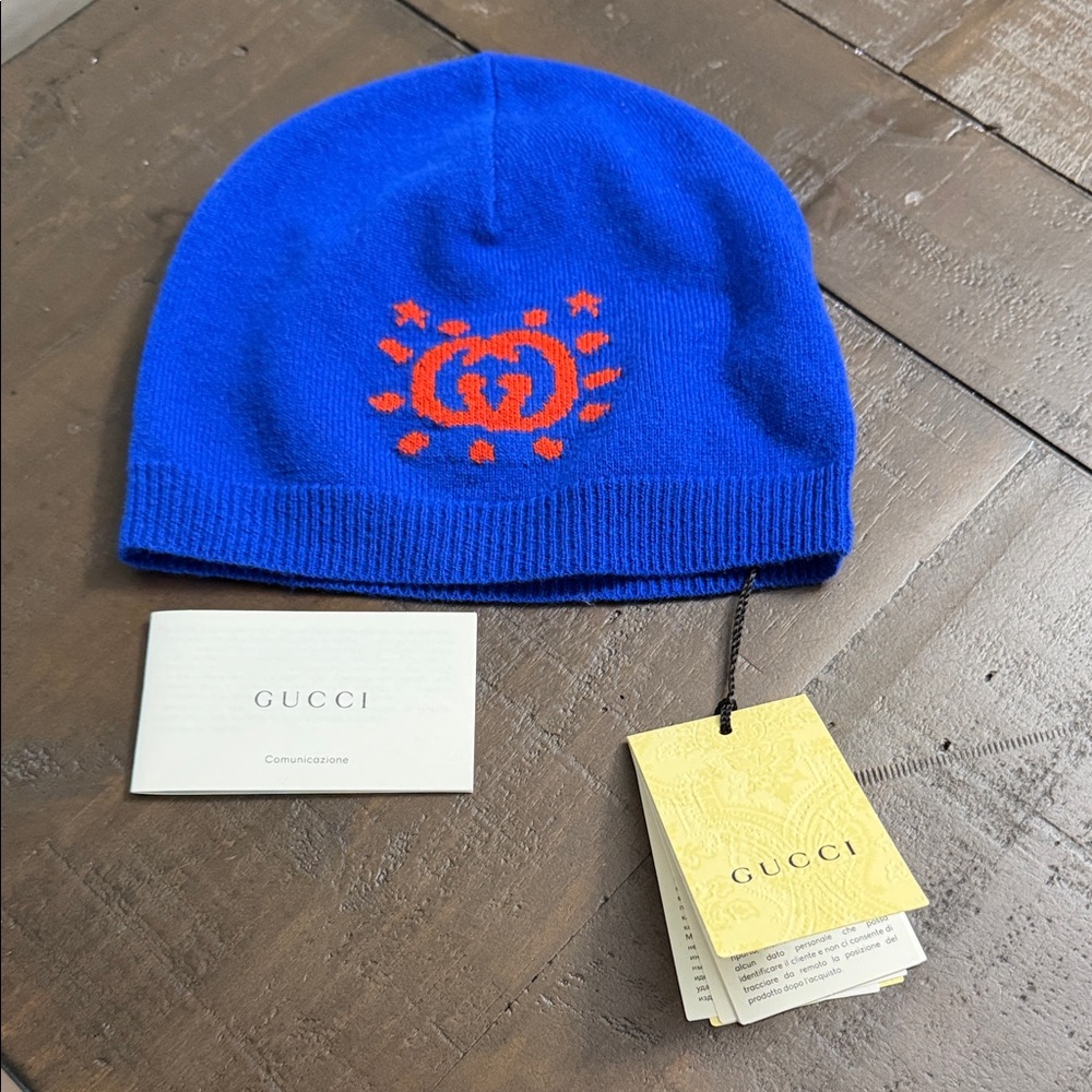 Gucci Ghost Royal Blue Beanie with Red Logo